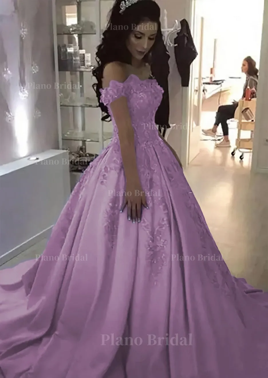 Ball Gown Off-the-Shoulder Sleeveless Sweep Train Satin Prom Dress With Appliqued Beading