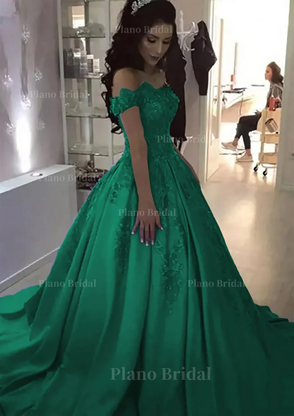 Ball Gown Off-the-Shoulder Sleeveless Sweep Train Satin Prom Dress With Appliqued Beading