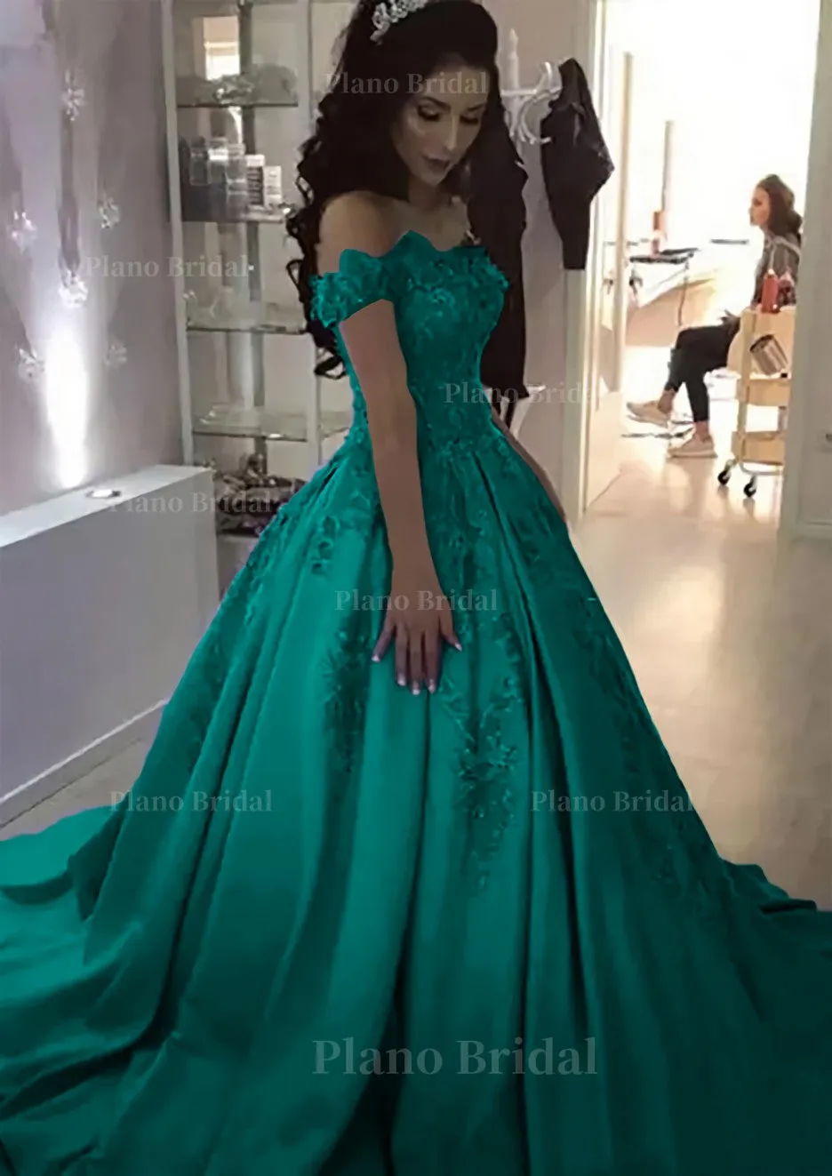 Ball Gown Off-the-Shoulder Sleeveless Sweep Train Satin Prom Dress With Appliqued Beading