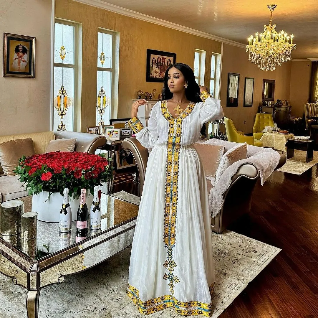 Beautiful Traditional Ethiopian Dress with Golden Design Timeless Habesha Kemis Ethiopian Cultural Dress