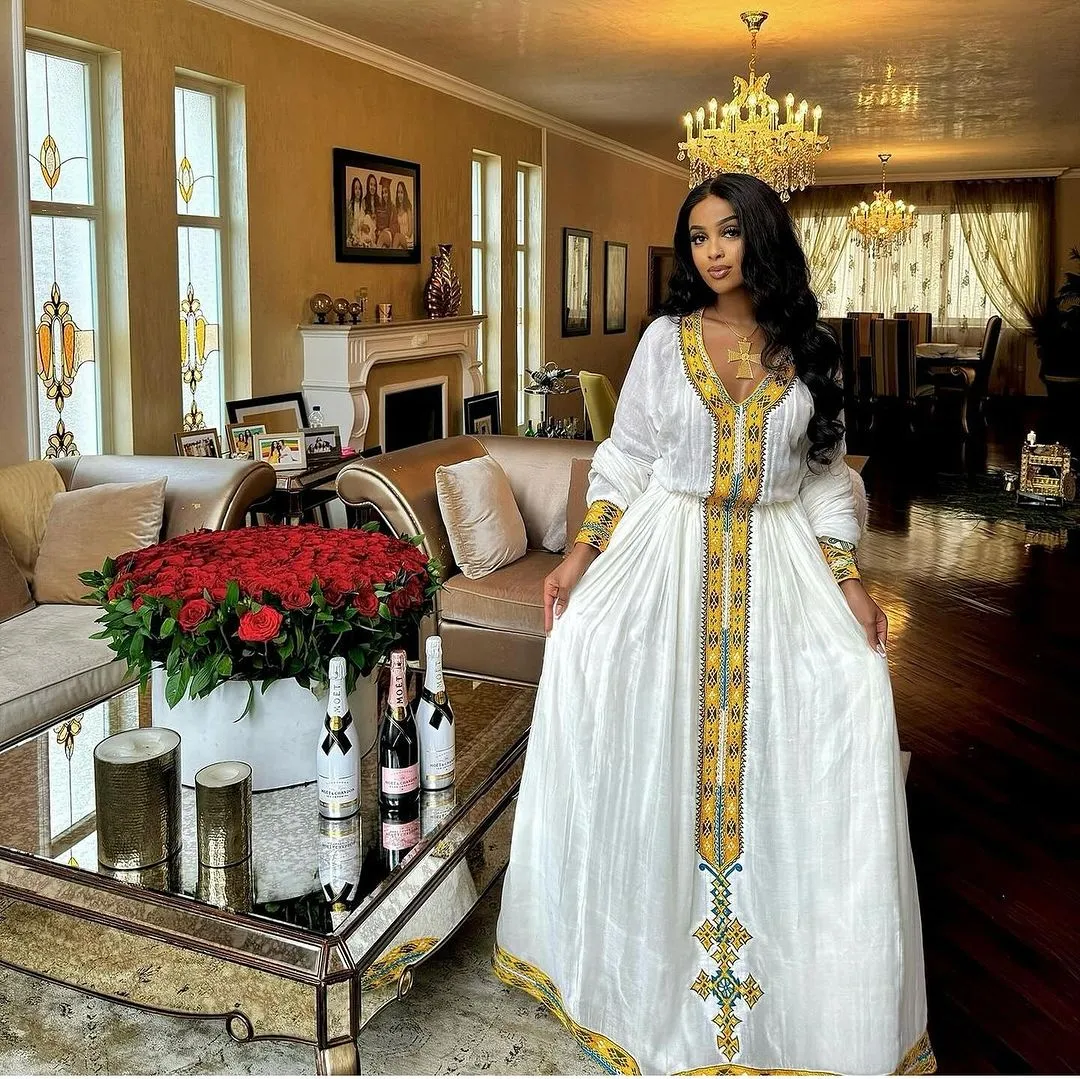 Beautiful Traditional Ethiopian Dress with Golden Design Timeless Habesha Kemis Ethiopian Cultural Dress