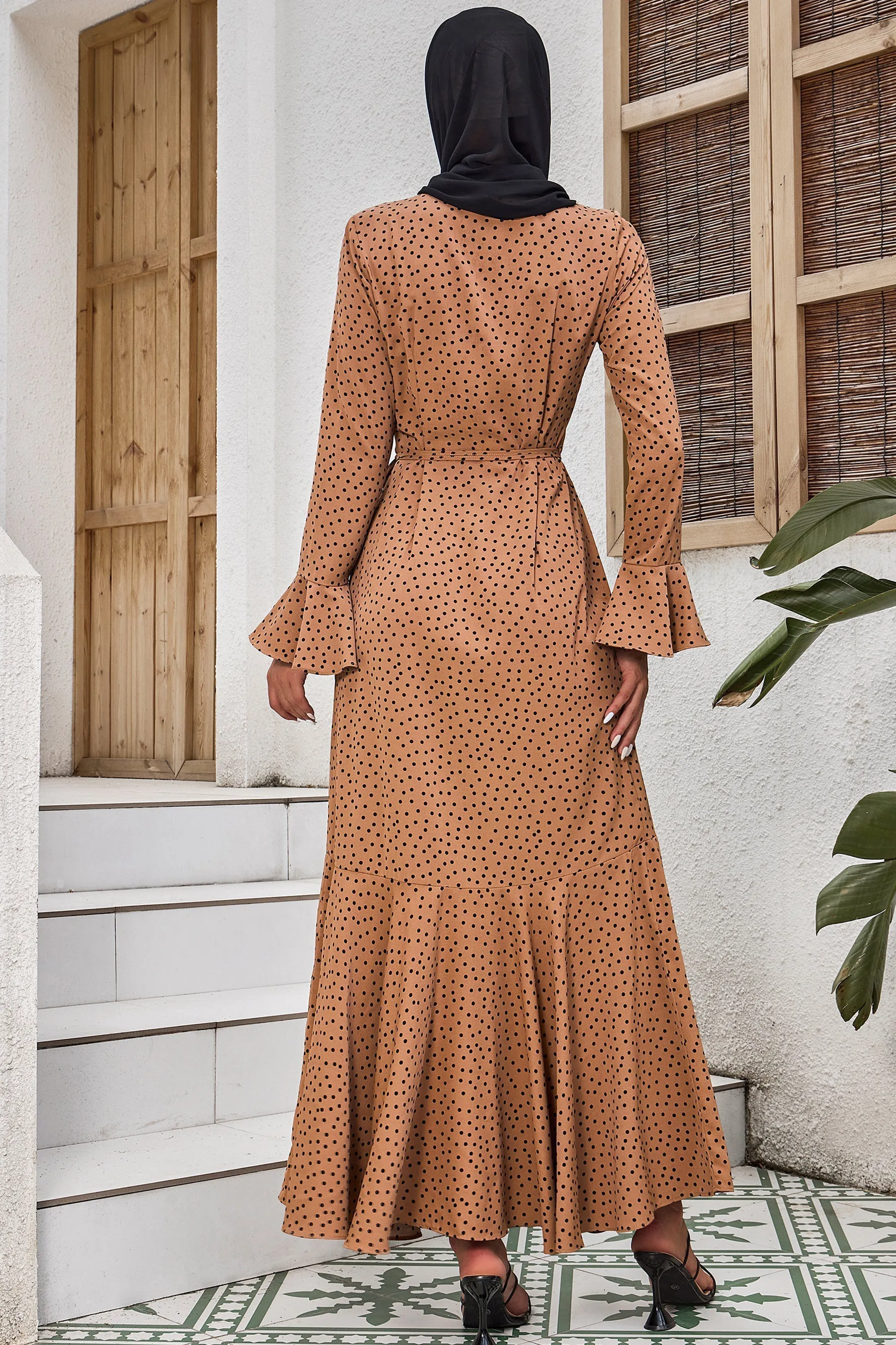 Beige Polka Dots Ruffle Wrap Maxi Dress-CLEARANCE