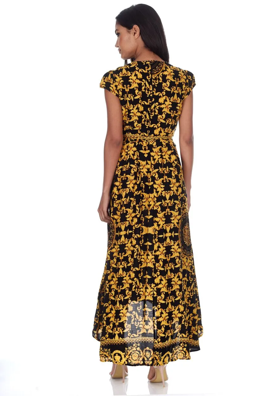 Black And Gold Patterned Wrap Over V Neck Dress