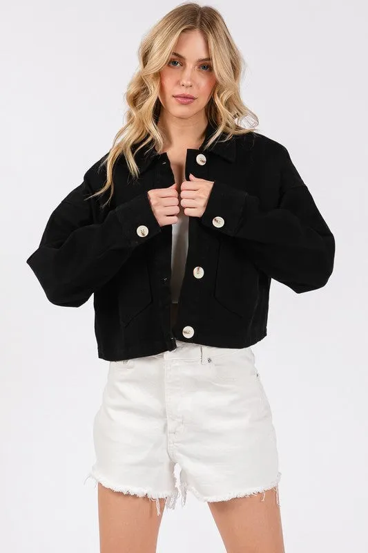 Black Button Down Cropped Denim Jacket with Patch Pockets