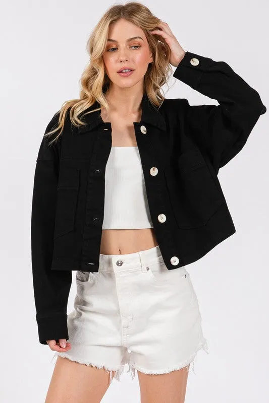 Black Button Down Cropped Denim Jacket with Patch Pockets