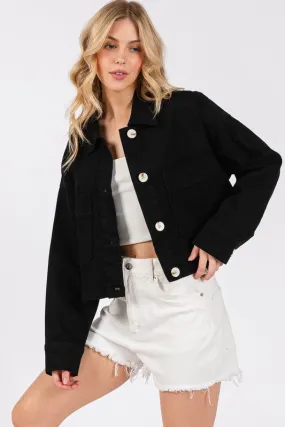 Black Button Down Cropped Denim Jacket with Patch Pockets