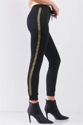 Black Yellow Checkered Side Tape Elastic Waist Sweatpants /2-2-2