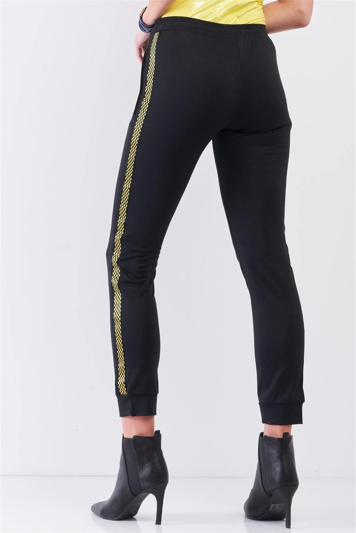 Black Yellow Checkered Side Tape Elastic Waist Sweatpants /2-2-2