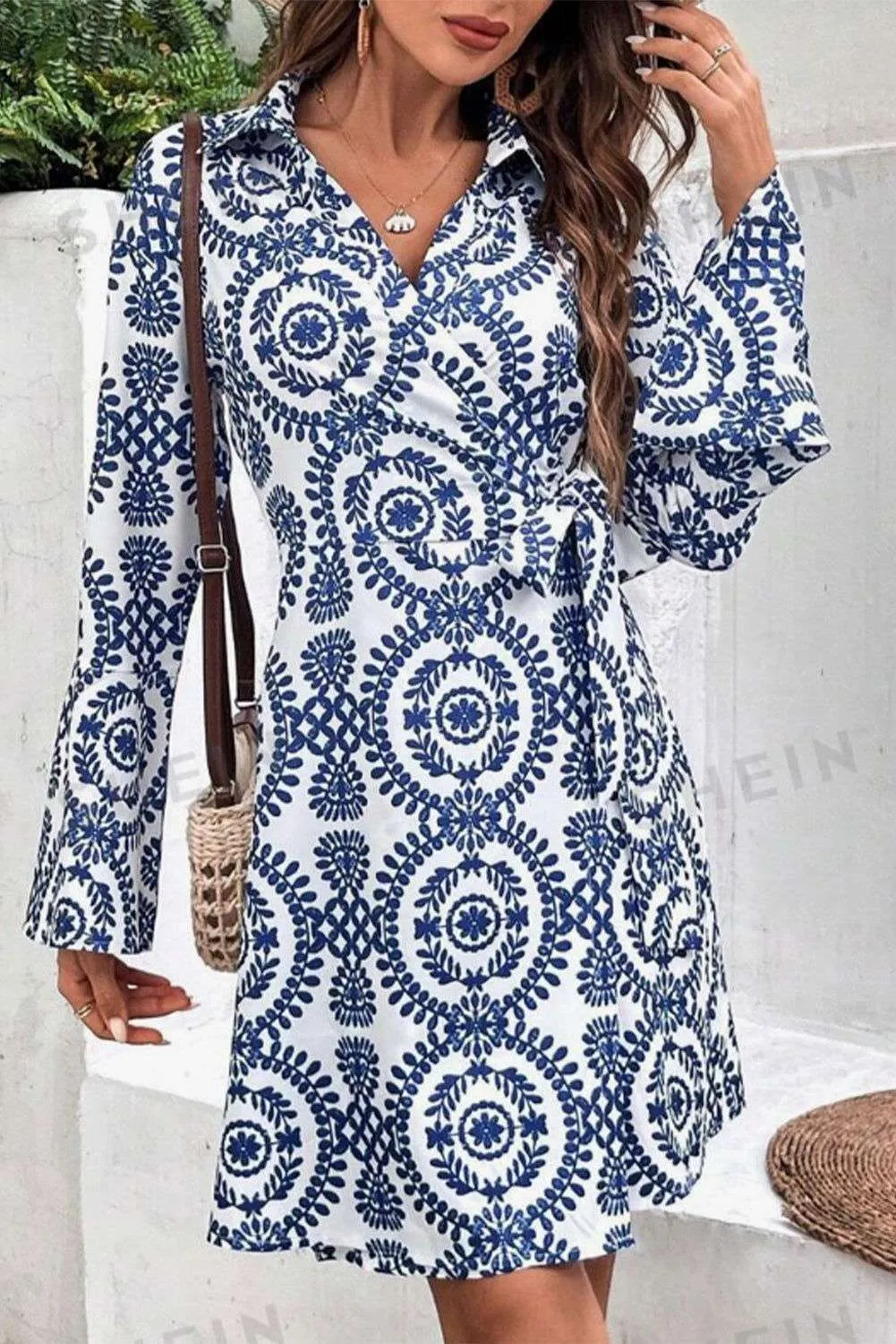 Blue Boho Wrap V-Neck Knotted Mini Dress - Effortless Style