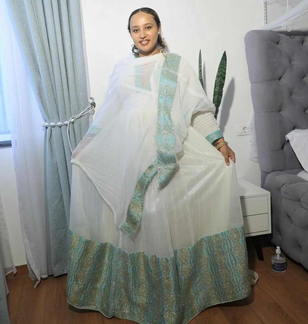 Blue Sparkle Elegant Habesha Dress Modern Habesha Kemis Traditional Ethiopian dress Style