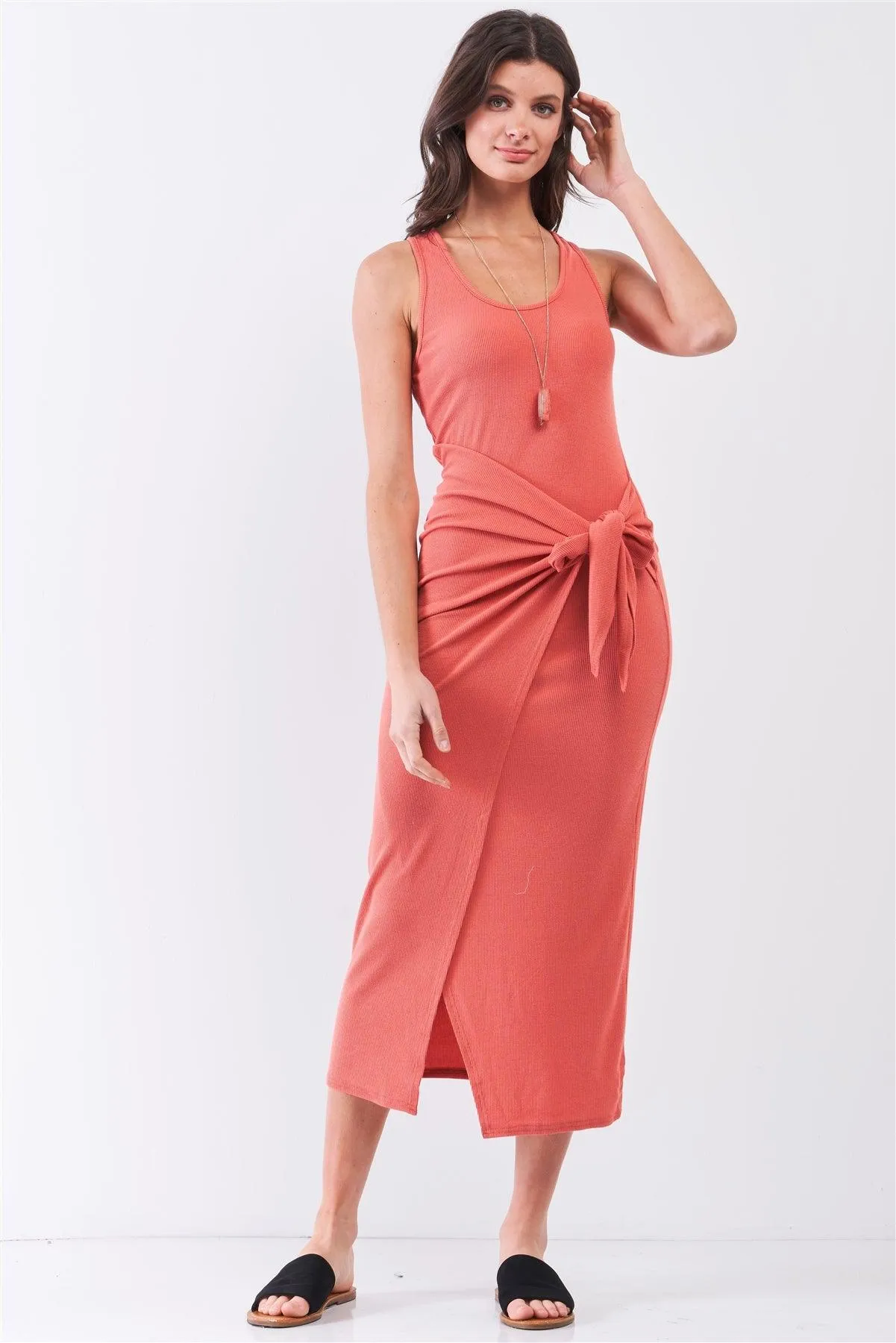 Brick Coral Ribbed Sleeveless Scoop Neck Asymmetrical Wrap Front Detail Midi Dress /3-1-2