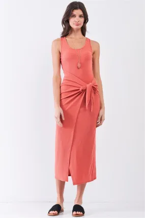 Brick Coral Ribbed Sleeveless Scoop Neck Asymmetrical Wrap Front Detail Midi Dress /3-1-2