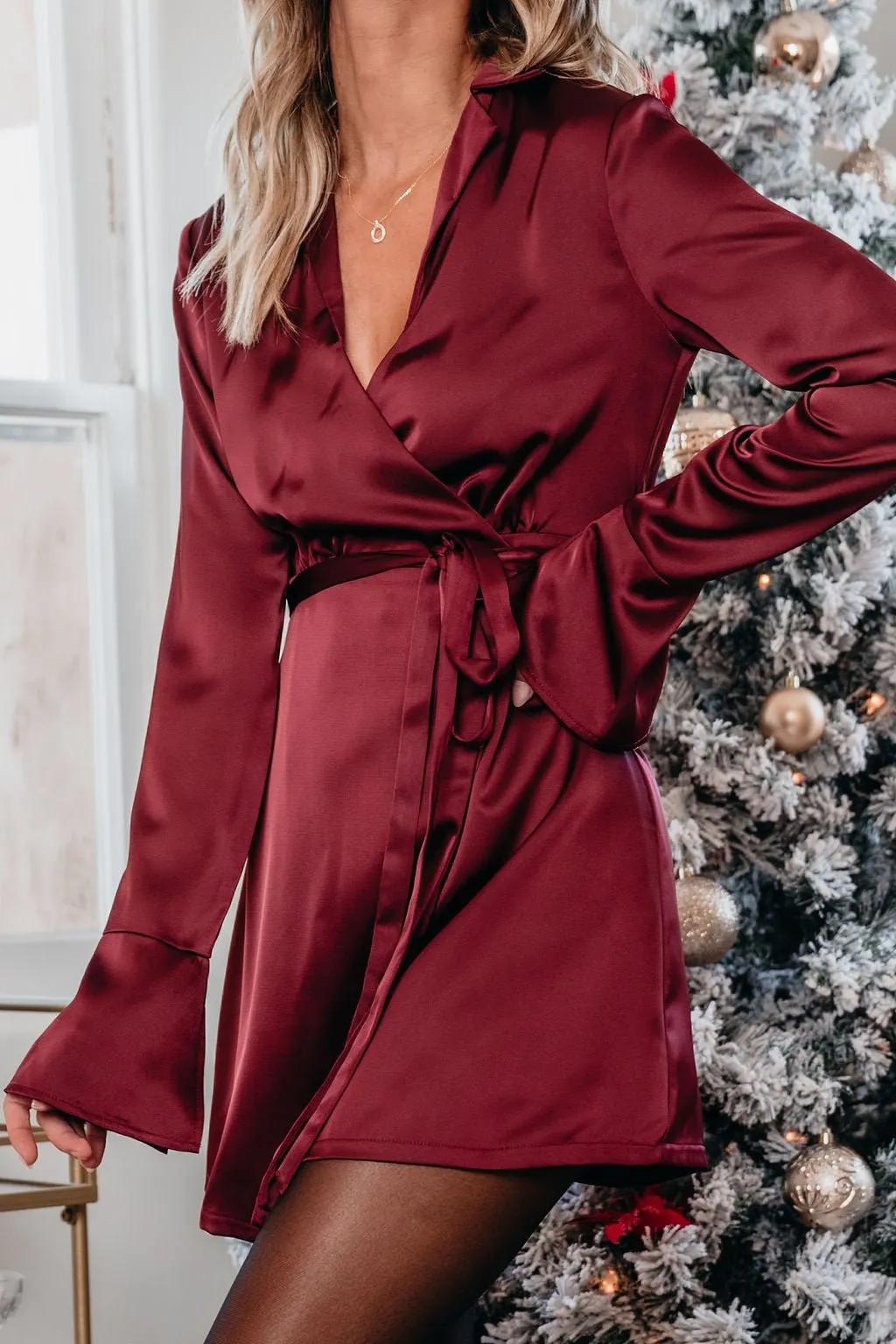 Burgundy Wrap Satin Mini Dress