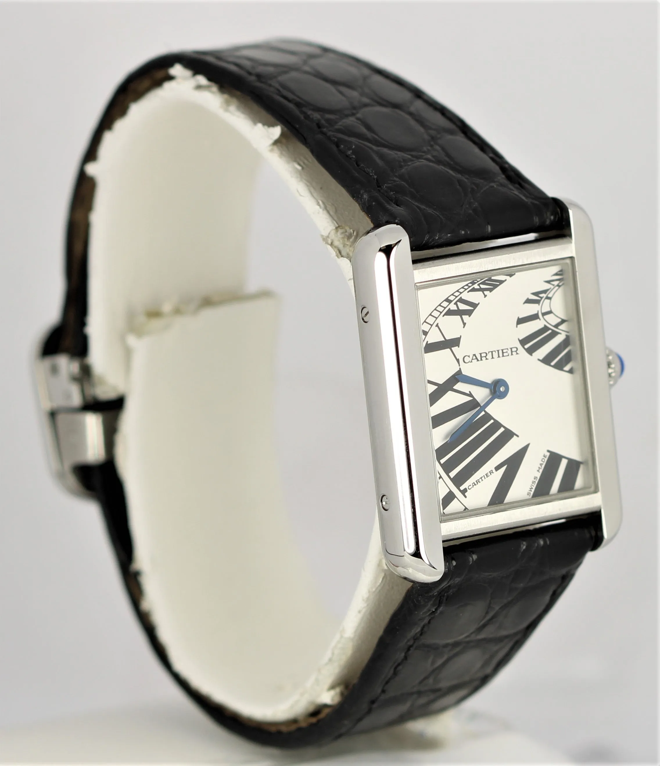 Cartier Tank Solo Stainless Steel Piano Dial 24mmX31mm Black Leather 3170 Watch