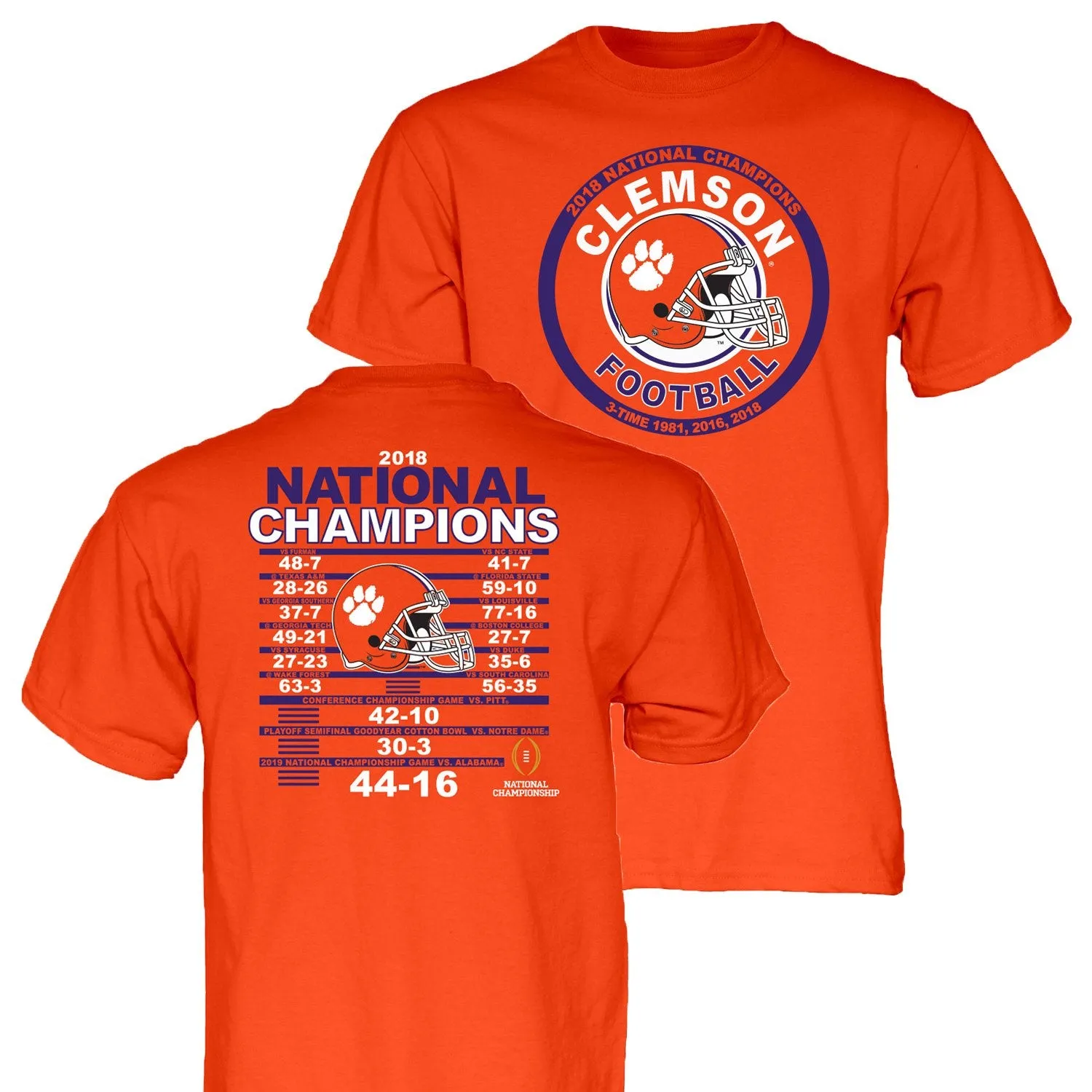 Clemson Tigers 3-Time 2018-2019 Football National Champions Orange SS T-Shirt