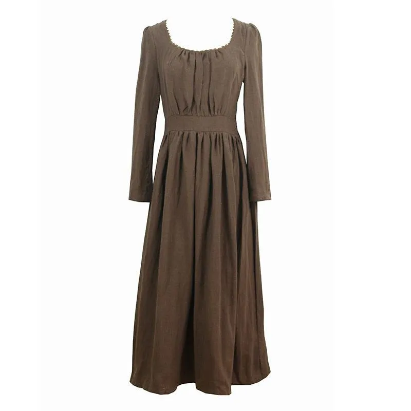 Elsie 100%Linen Coffee Long Dress Ladies Victoria Royal Vintage Elegant Long Sleeve  High Waist Dress robe longue