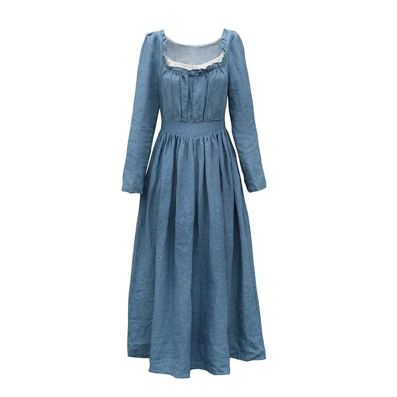 Elsie 100%Linen Coffee Long Dress Ladies Victoria Royal Vintage Elegant Long Sleeve  High Waist Dress robe longue