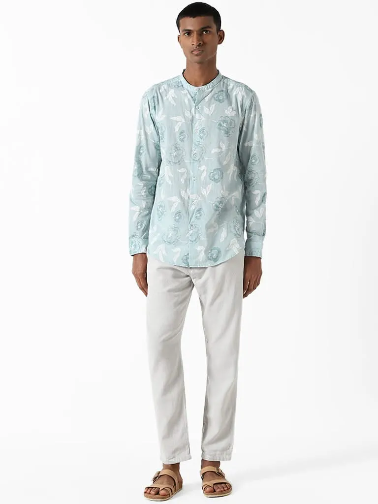 ETA Light Teal Printed Floral Resort-Fit Shirt