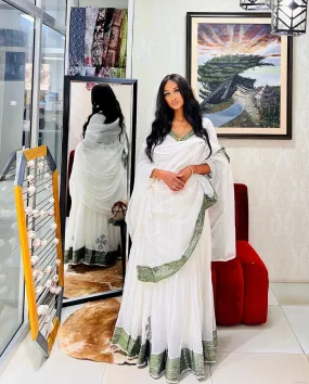 Exquisite Green Tradtional Ethiopian Dress: Tailored for Every Occasion Habesha Dress