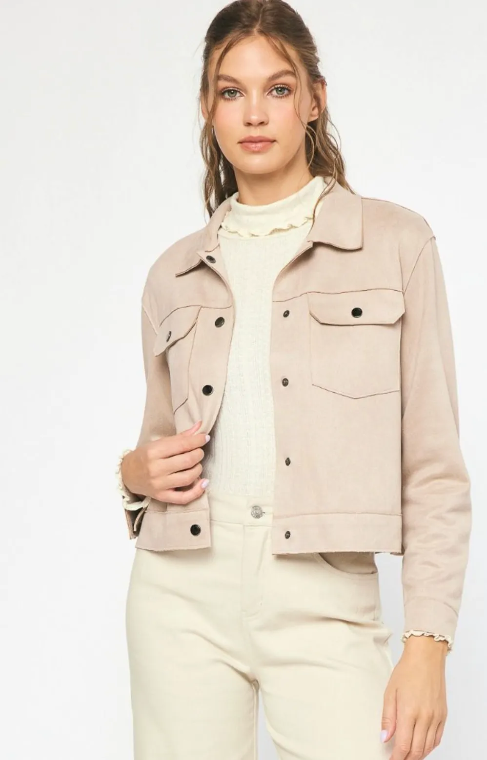 Faux Suede Cropped Jacket - Bone