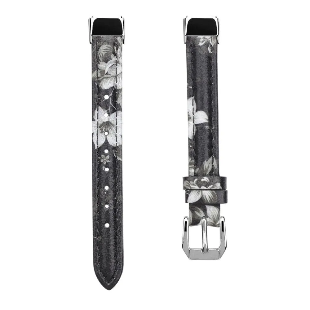 Fitbit Luxe genuine leather watch strap - Black / Grey Flower / Size: S