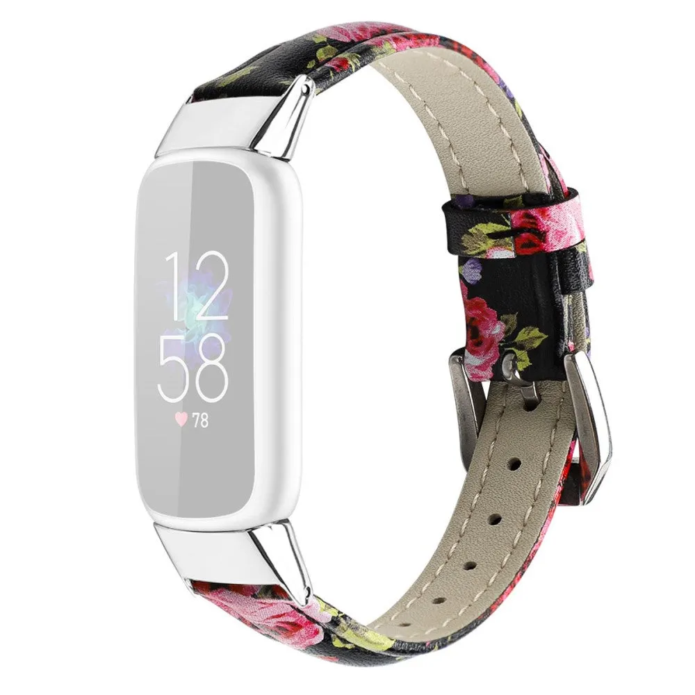 Fitbit Luxe genuine leather watch strap - Black / Pink Flower / Size: L