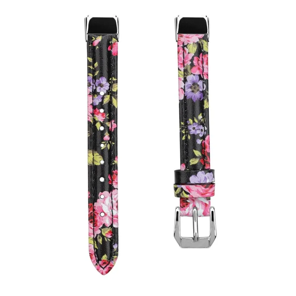 Fitbit Luxe genuine leather watch strap - Black / Pink Flower / Size: L