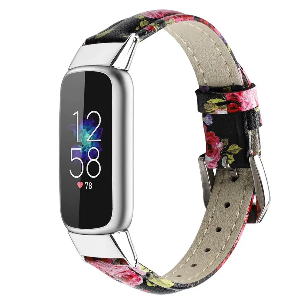 Fitbit Luxe genuine leather watch strap - Black / Pink Flower / Size: L