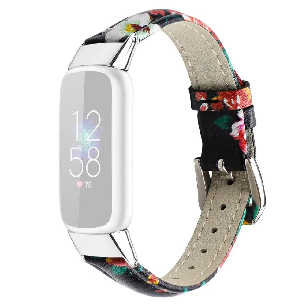 Fitbit Luxe genuine leather watch strap - Black / Red Flower / Size: S