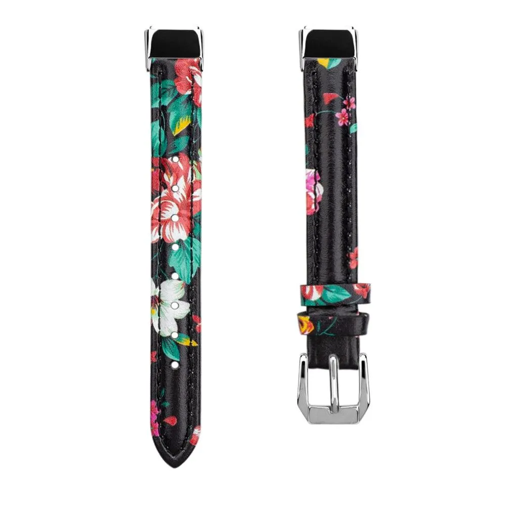 Fitbit Luxe genuine leather watch strap - Black / Red Flower / Size: S