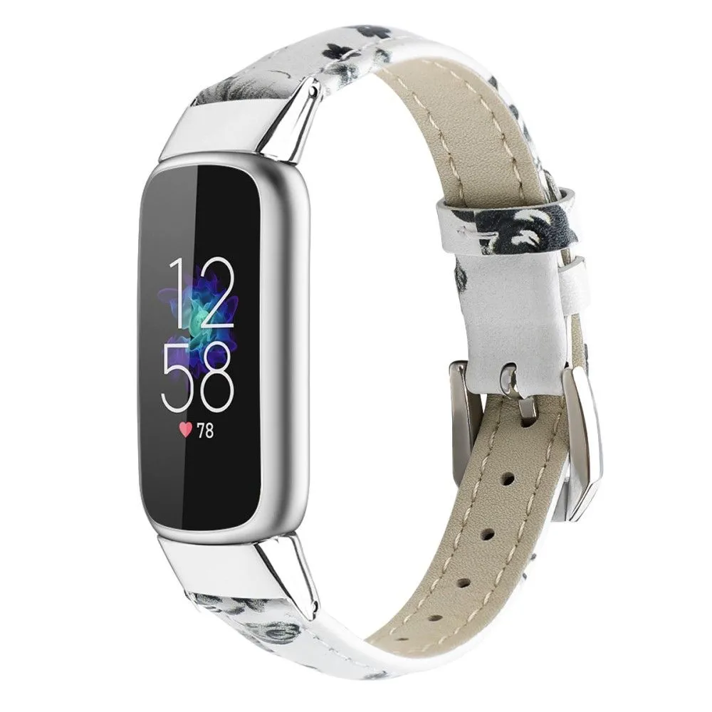 Fitbit Luxe genuine leather watch strap - White / Grey Flower / Size: S