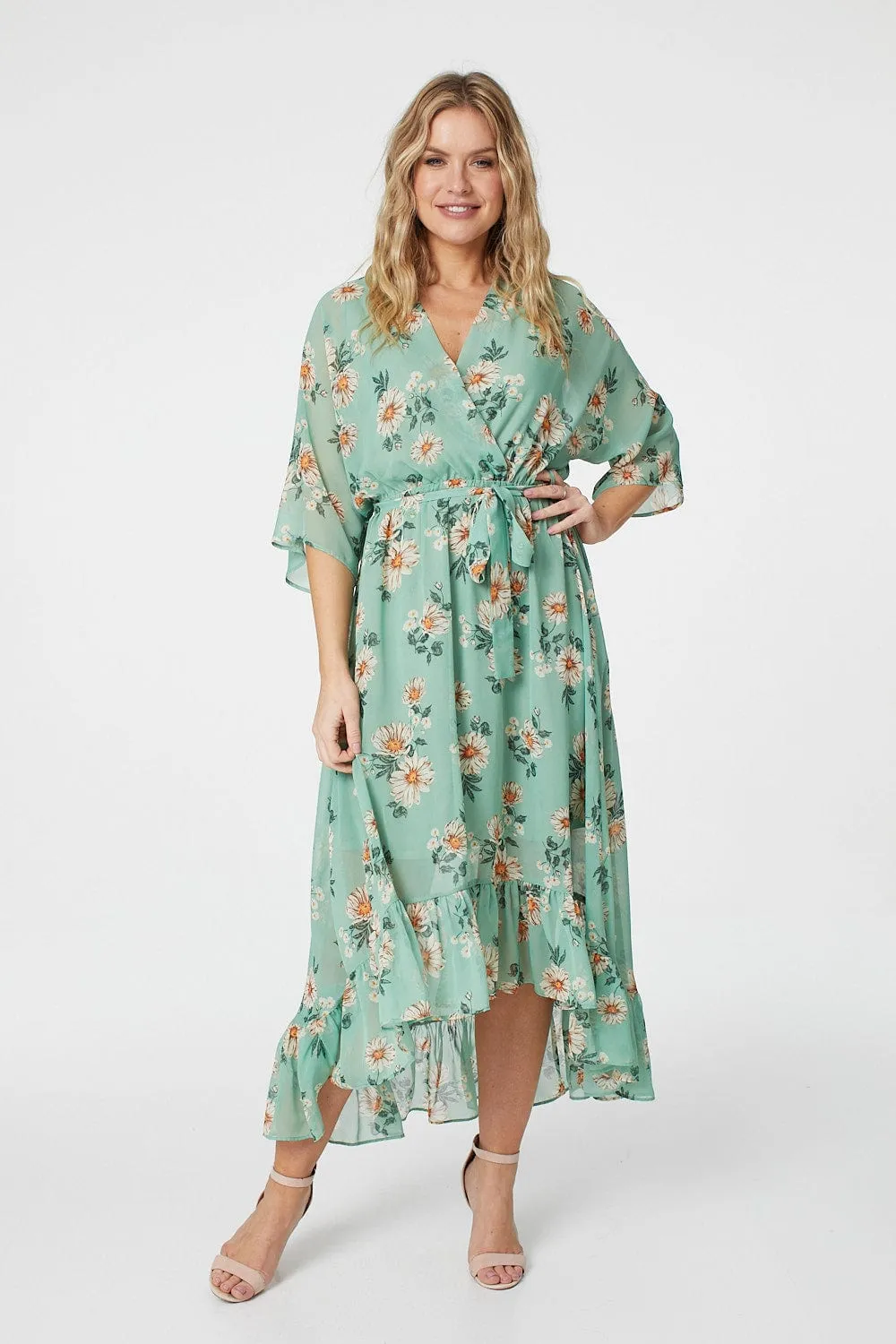 Floral 3/4 Sleeve Midi Wrap Dress