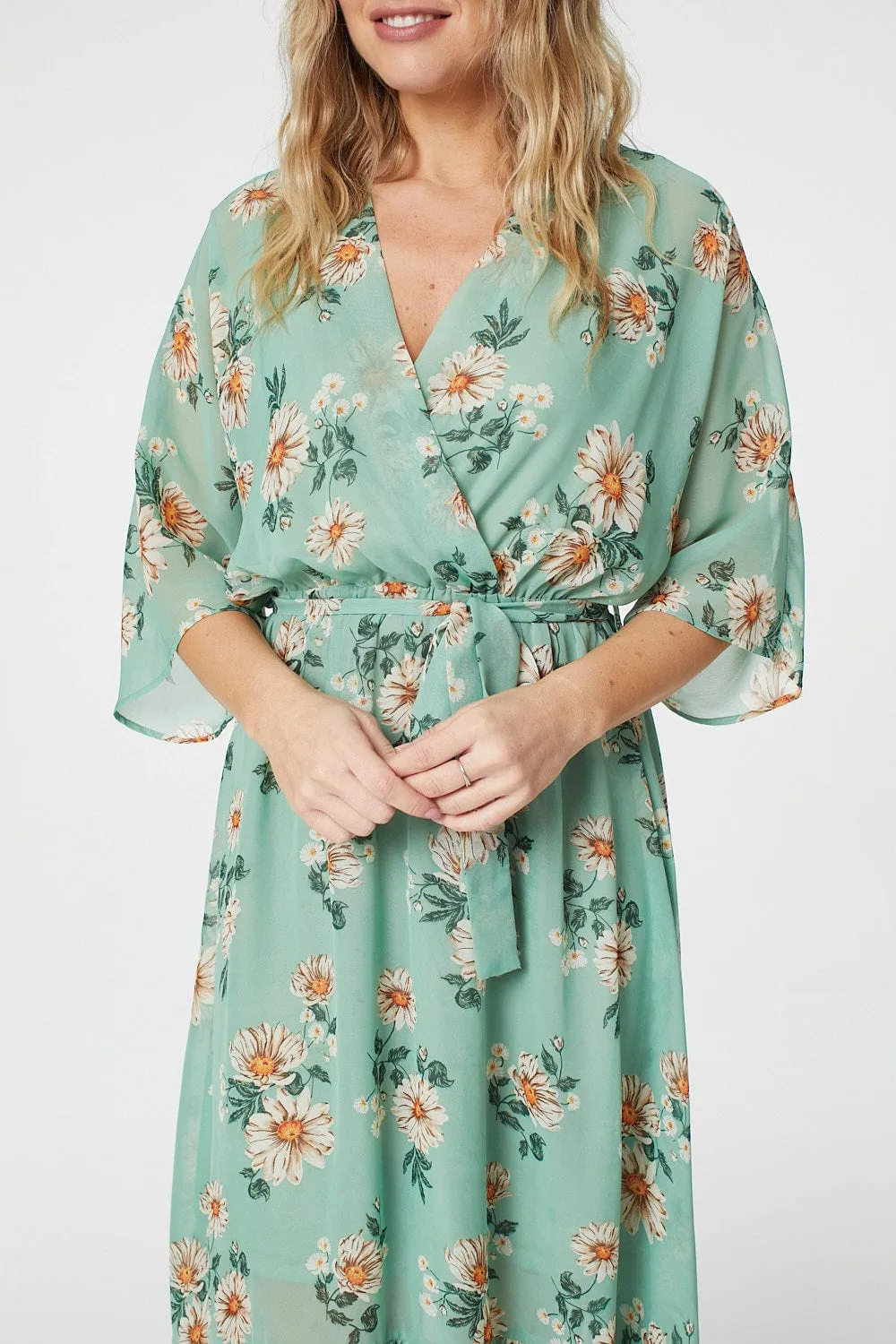 Floral 3/4 Sleeve Midi Wrap Dress