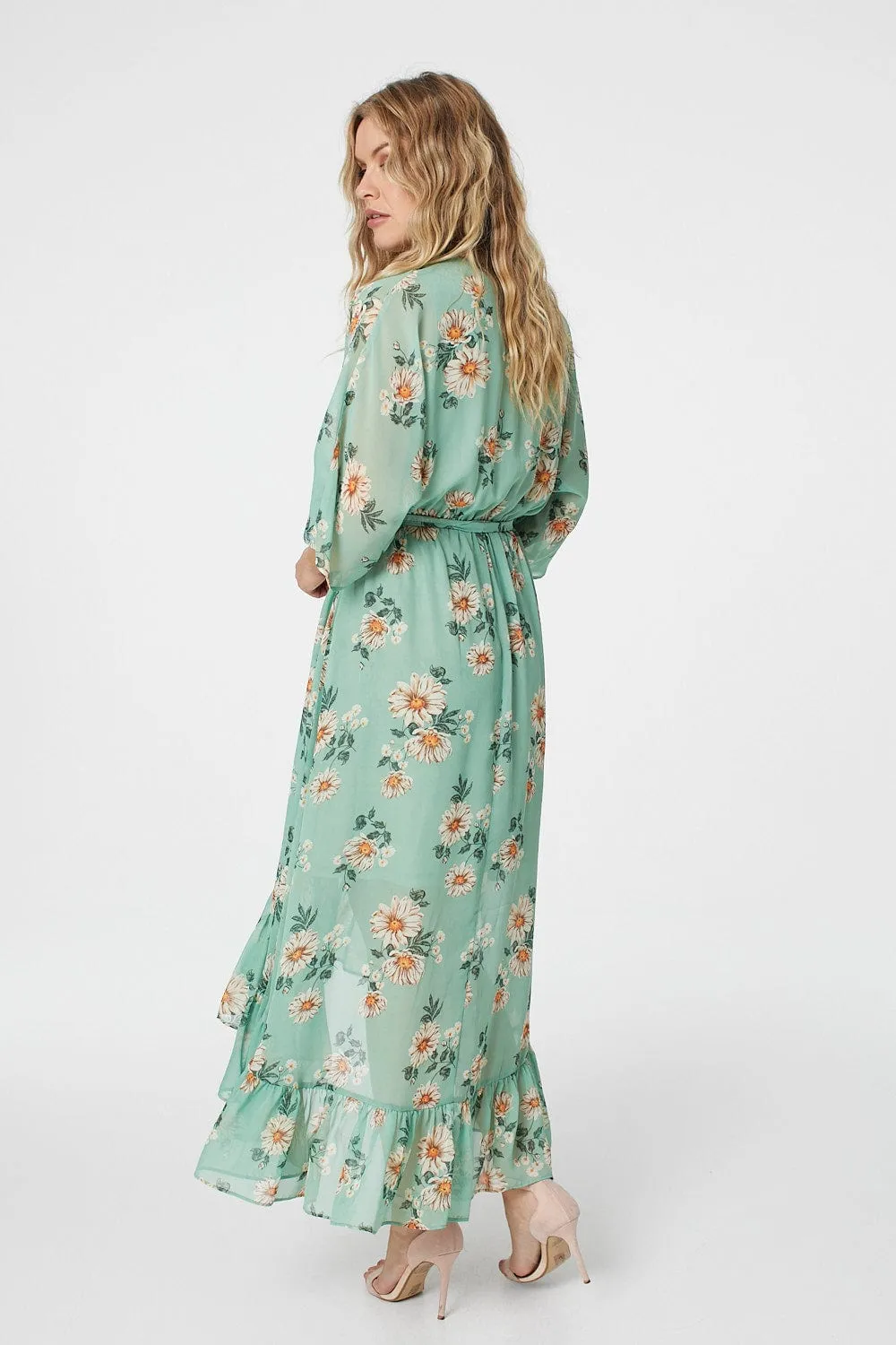 Floral 3/4 Sleeve Midi Wrap Dress