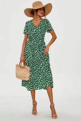 FS Collection Geo Print Hem Tiered Wrap Midi Dress In Green