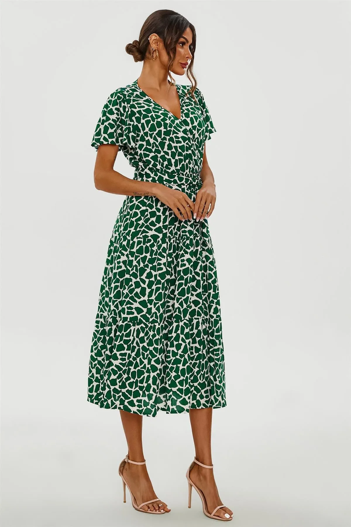 FS Collection Geo Print Hem Tiered Wrap Midi Dress In Green