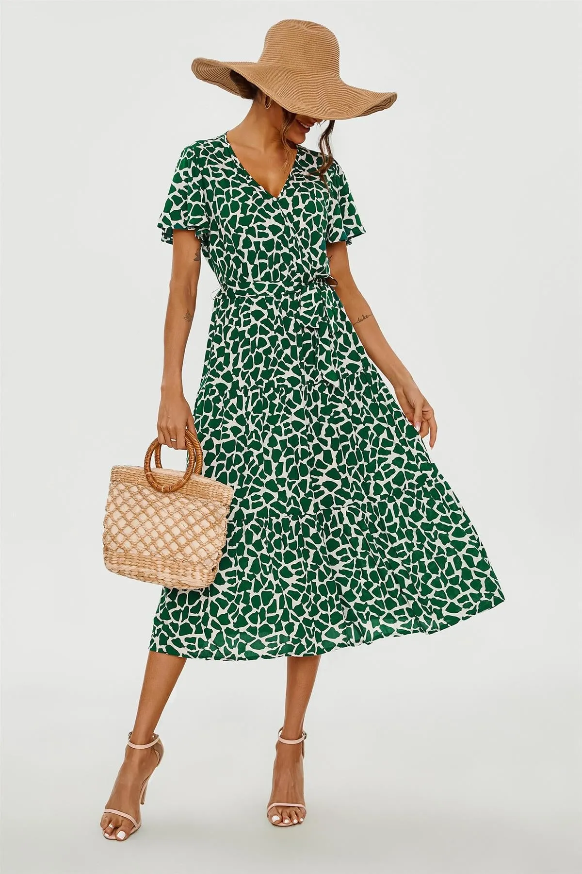 FS Collection Geo Print Hem Tiered Wrap Midi Dress In Green