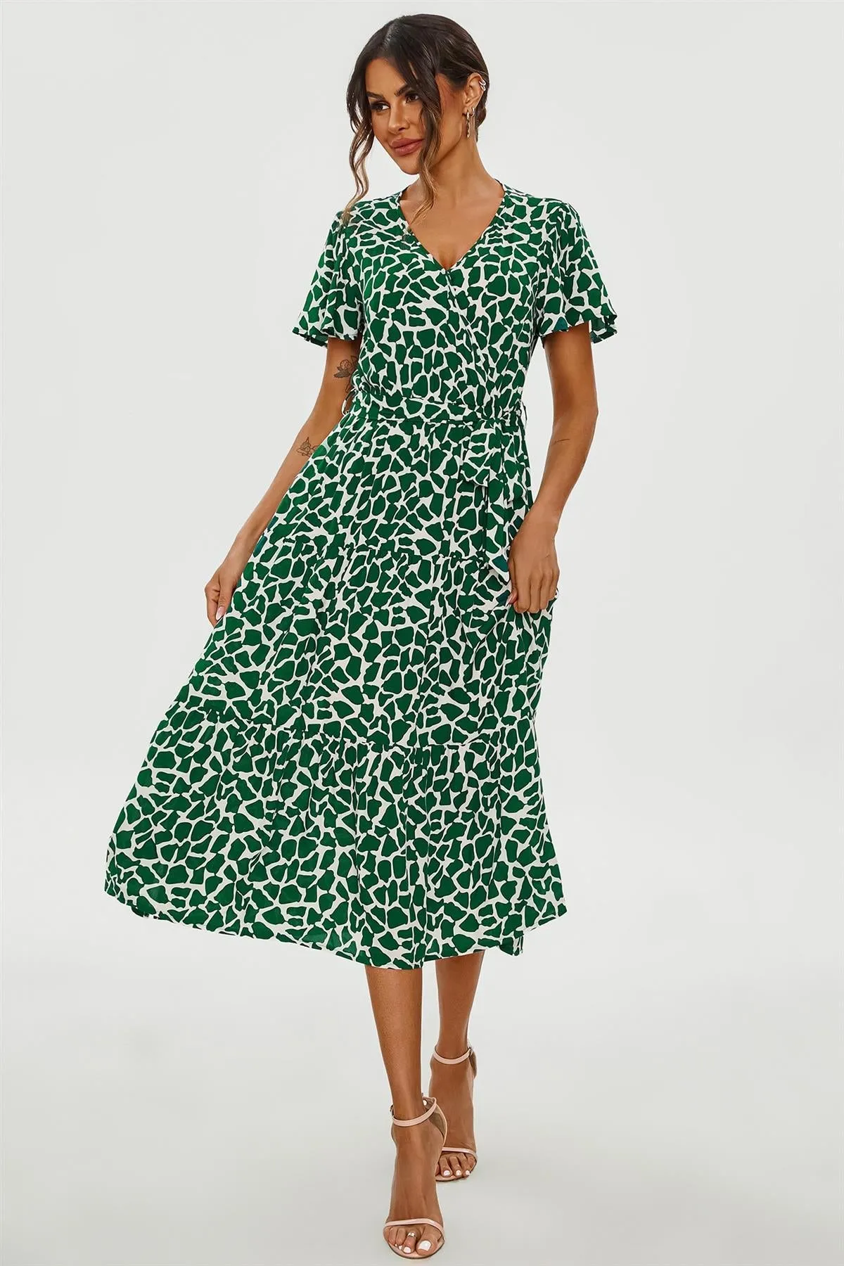 FS Collection Geo Print Hem Tiered Wrap Midi Dress In Green