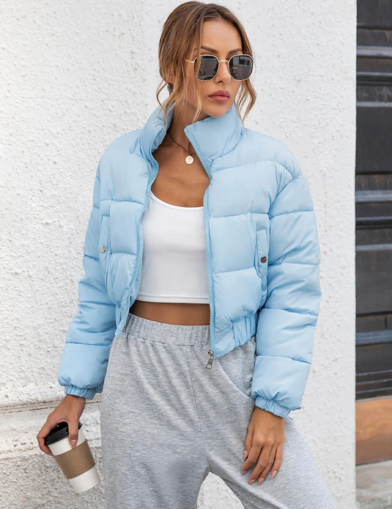 Gihuo Womens Cropped Quilted Puffer Jacket Lightweight Padded Coat Warm Puffy Coat Zip UP Bubble Coats with Pockets(Blue-Small)