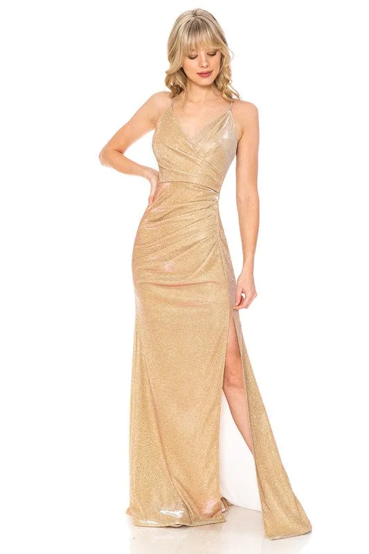 Gold Metallic Thigh Slit Formal Dress