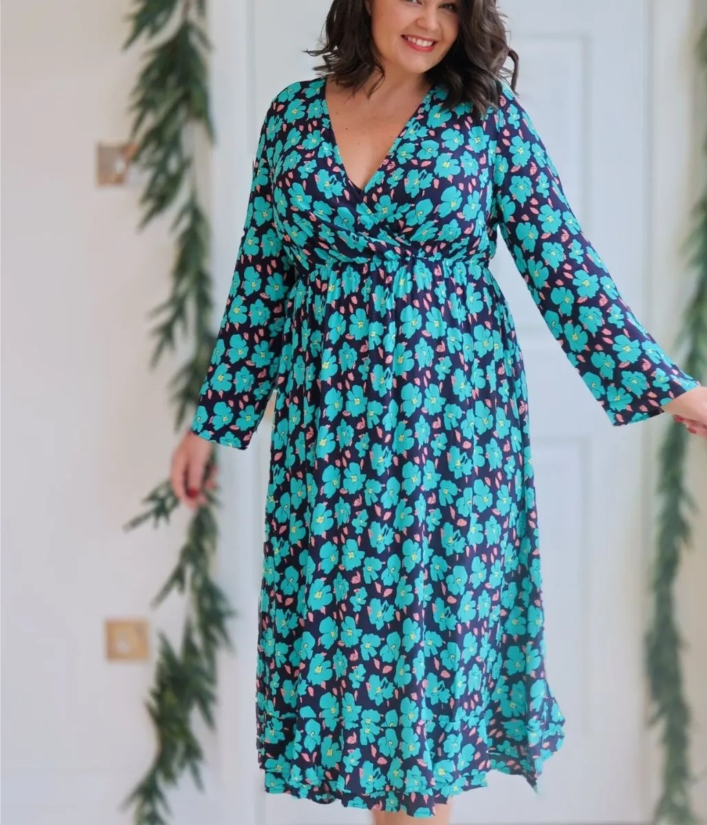 Green Vibrant Floral Print Wrap Midi Dress