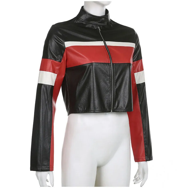 Hemi Striped Faux Leather Cropped Racer Jackets