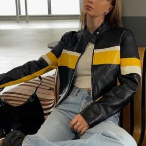 Hemi Striped Faux Leather Cropped Racer Jackets