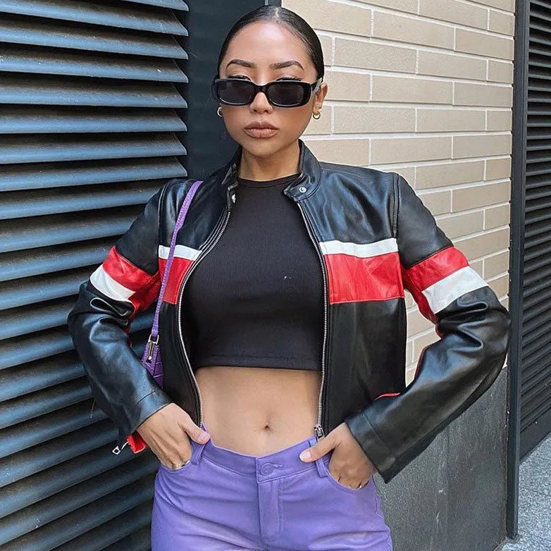 Hemi Striped Faux Leather Cropped Racer Jackets