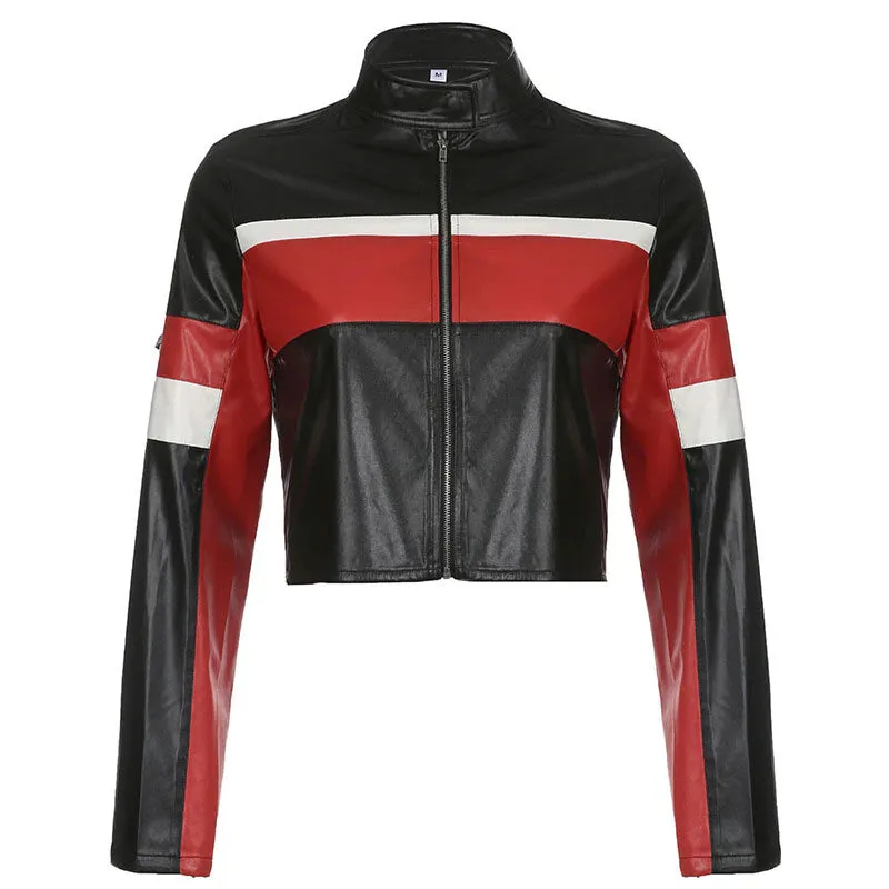 Hemi Striped Faux Leather Cropped Racer Jackets