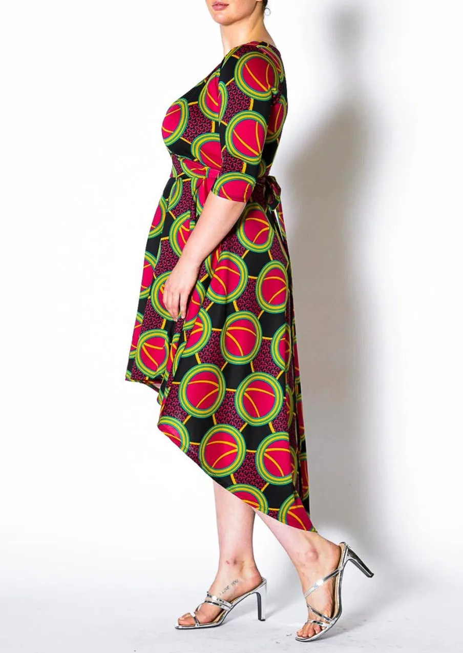 Hi Curvy Plus Size Women Multi Print Hi-Lo Wrap Midi Dress