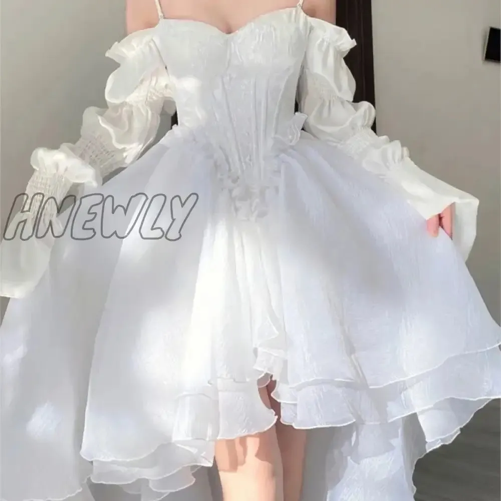 Hnewly Spring Elegant White Off Shoulder Fairy Dress Chic Princess Puff Dress Mesh Puff Dress Wedding Party Porm Dress