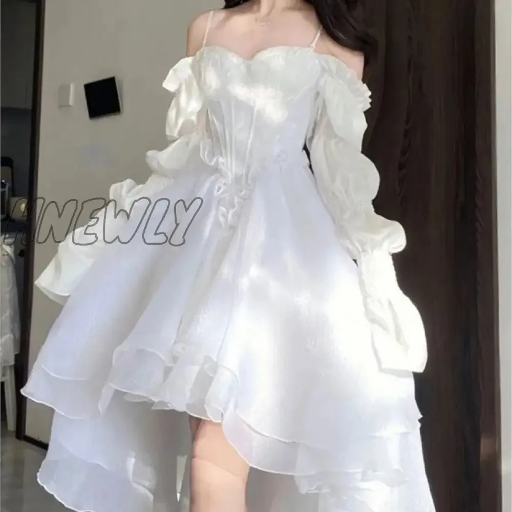 Hnewly Spring Elegant White Off Shoulder Fairy Dress Chic Princess Puff Dress Mesh Puff Dress Wedding Party Porm Dress