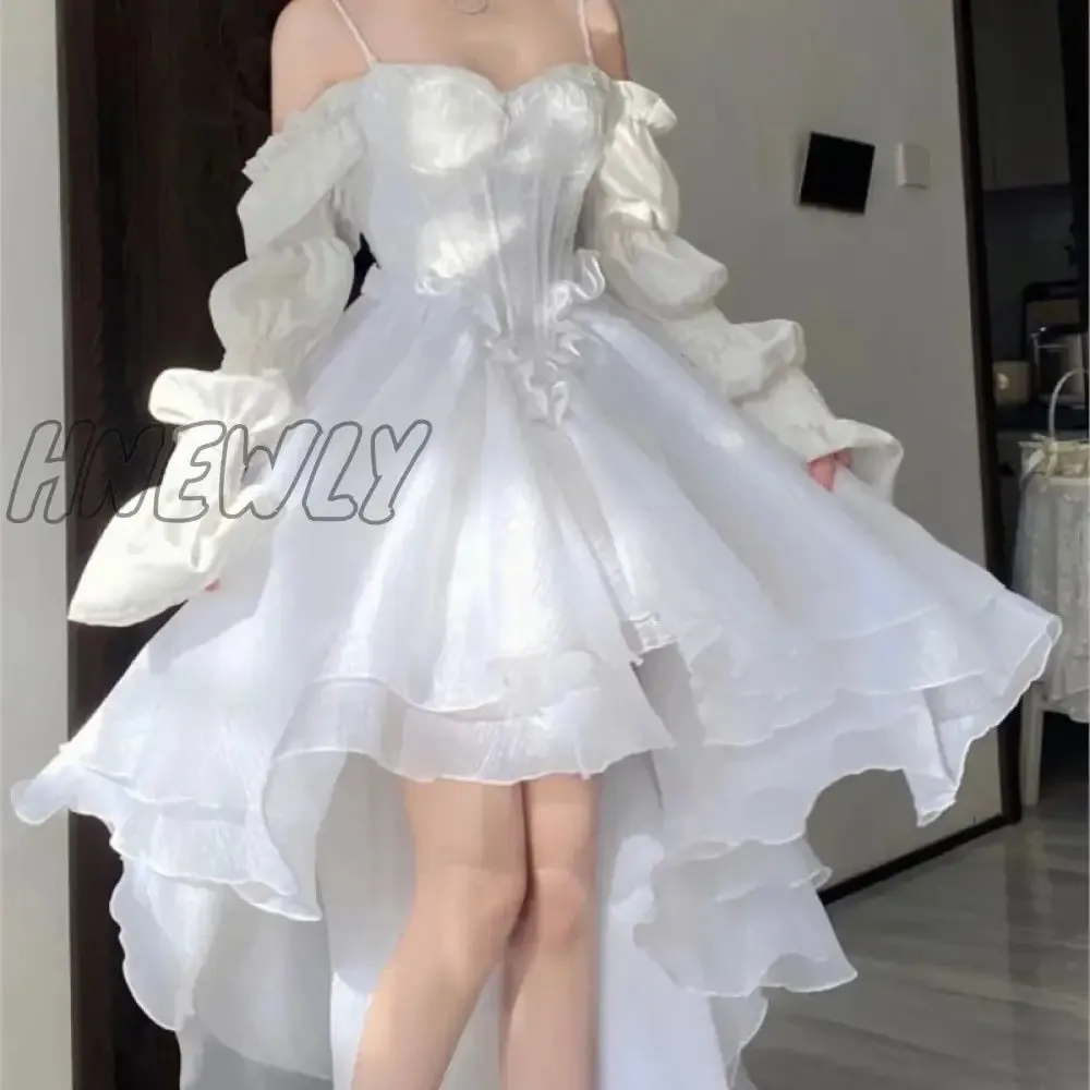 Hnewly Spring Elegant White Off Shoulder Fairy Dress Chic Princess Puff Dress Mesh Puff Dress Wedding Party Porm Dress