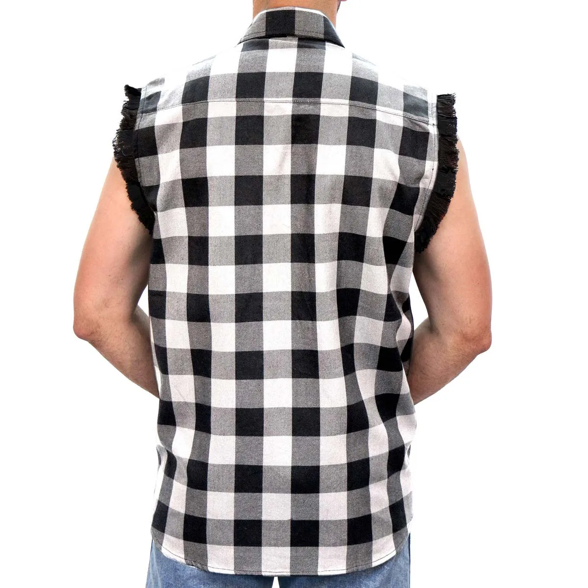 Hot Leathers FLM5202 Men's Black and White Sleeveless Flannel Fringe Shirt